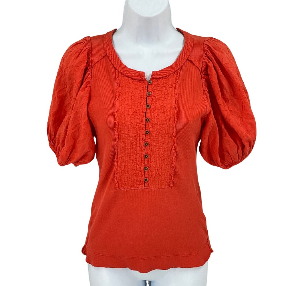 Anthropologie Pilcro Ribbed Top Womens XS Orange Puff Sleeve Cottagecore Boho